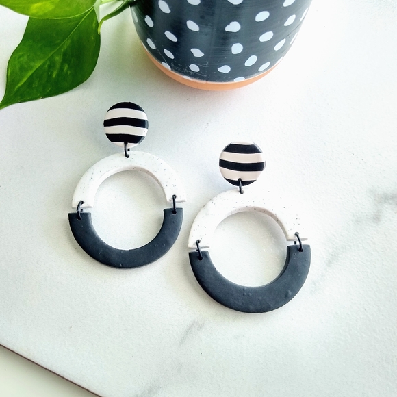 Black and White Statement Hoop Earrings - Picture 5 of 6